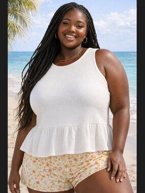 Torrid White Crop Tank 5X 28 Textured Knit Ruffle Hem Sleeveless Summer Boho NWT